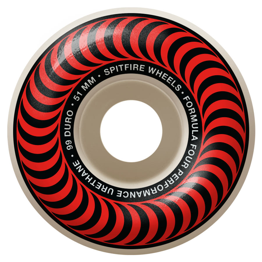 A skateboard wheel with bold red and black spiral patterns. The text on the wheel reads "Spitfire Wheels, 51 mm, Formula Four Performance Urethane, 99 Duro.