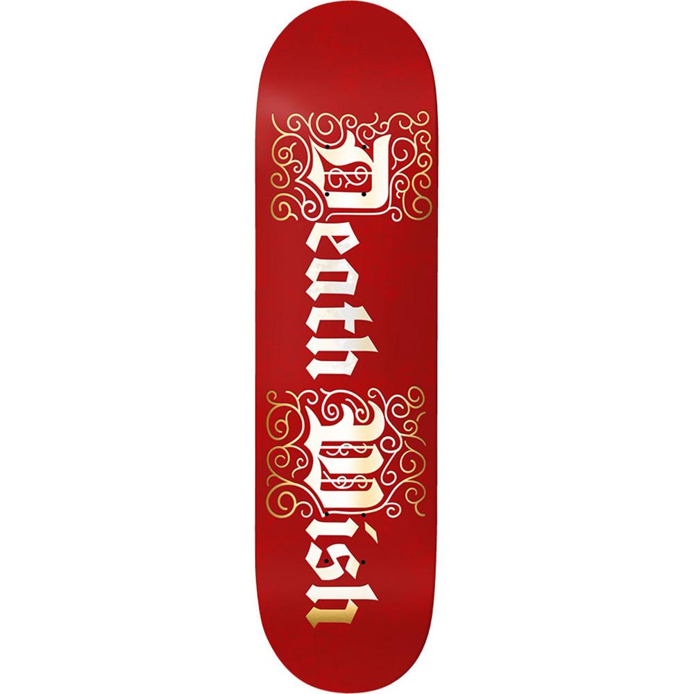 A red skateboard deck with the words "Death Wish" written in bold white Gothic script, surrounded by decorative yellow swirls.