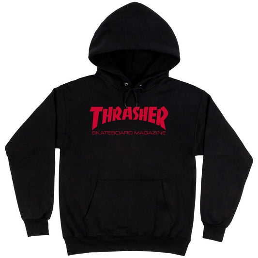 A black hoodie with a red "THRASHER SKATEBOARD MAGAZINE" logo printed on the front. The hoodie features a front pocket and drawstring hood